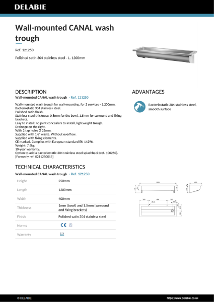 CANAL wall-mounted wash trough with tap holes 1200 mm Product Data Sheet - 121250