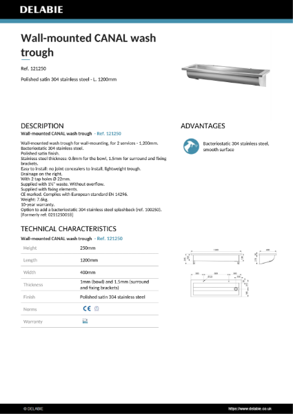 CANAL Trough L. 1200mm Data Sheet - 121250