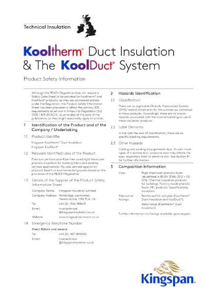 The Kingspan KoolDuct System, safety datasheet - 03/24