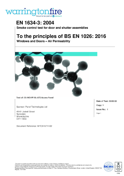 Warrington Fire (Access panels, Metal Faced, Picture Frame, Budget Lock, Wall & Ceiling, 1200x0600) Airtight Test