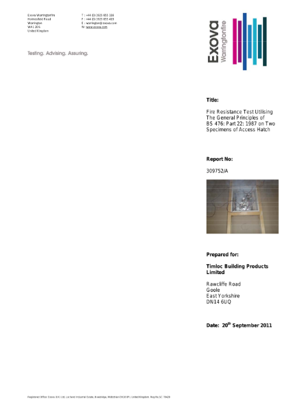 Fire Test Report 309752A for APC Metal 1 Hour Fire-Rated Access Panels