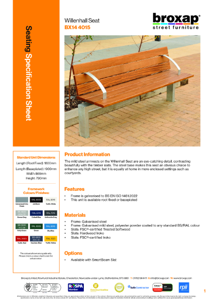 Willenhall Smart Seat Specification Sheet