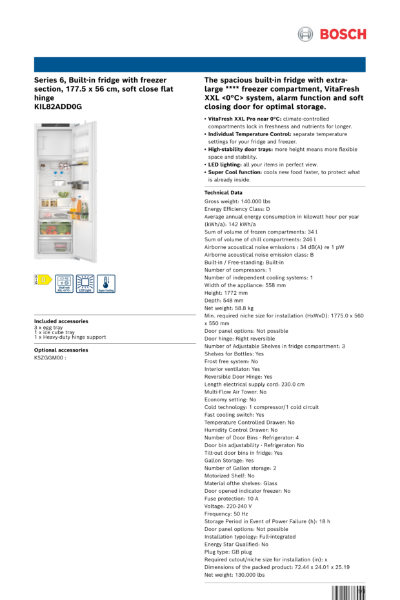 Series 6, Built-in fridge with freezer
section, 177.5 x 56 cm, soft close flat
hinge
KIL82ADD0G