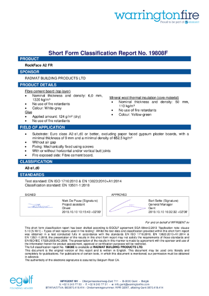 ProTherm RockFace A2 Fire Certificate