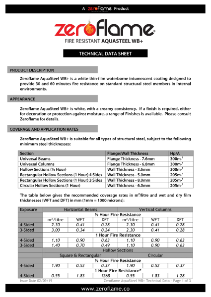 Zeroflame AquaSteel WB+ Tech Data Sheet