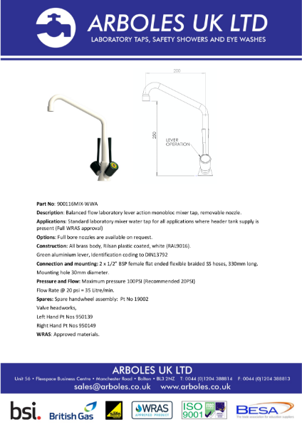 Arboles UK Bench Mounted Monobloc Mixer Tap With Aerator Nozzle and Wrist Action Levers