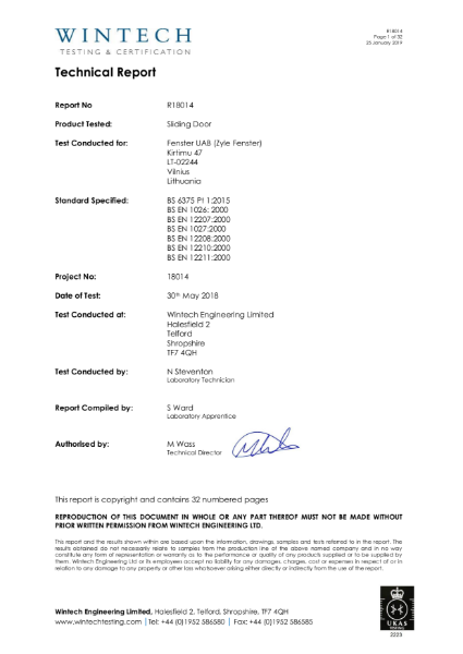 Sliding Door - Performance of Windows & Doors, Classification  and Guidance for Weather Tightness to BS 6375 Part 1: 2015