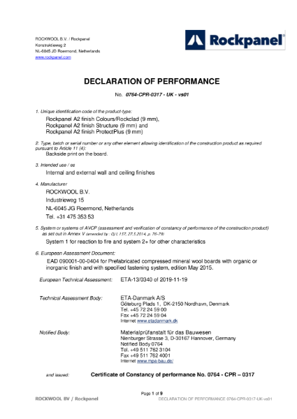 Declaration of Performance - Rockpanel 9mm