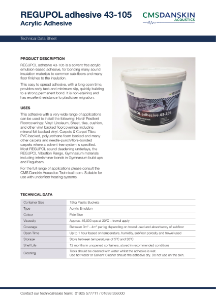 REGUPOL adhesive 43-105 Acrylic Adhesive - Technical Data Sheet