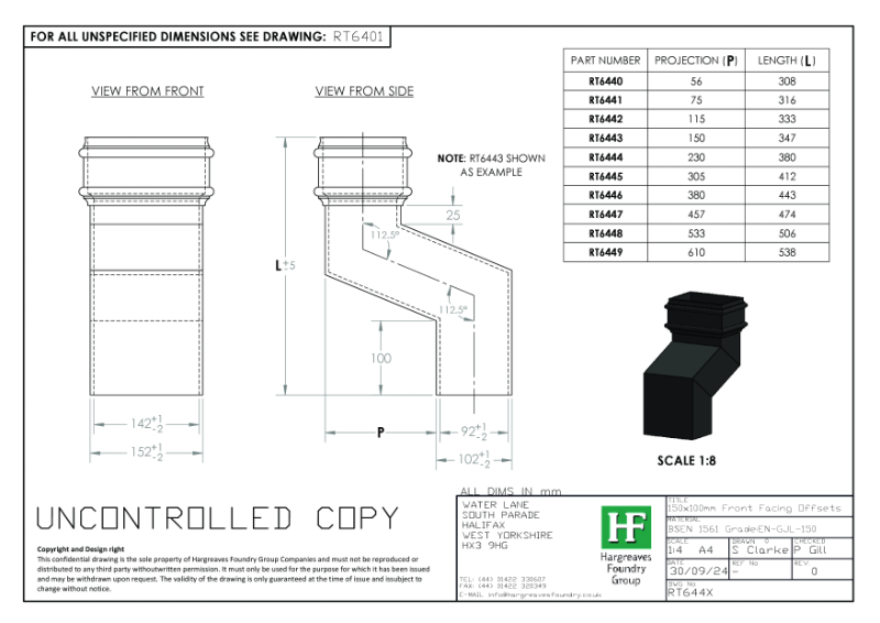 150x100mm Front Facing Rainwater Offsets Drawing
