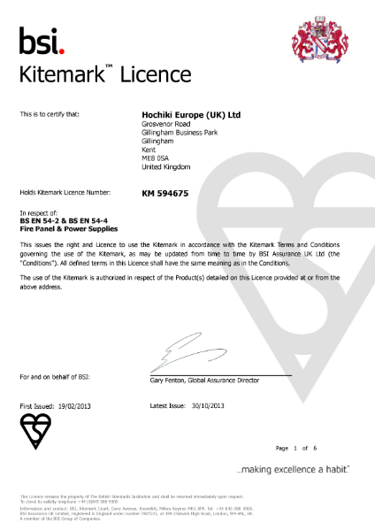 BSI Kitemark Licence | EN54-2 and EN54-4 | Devices: HFP AP