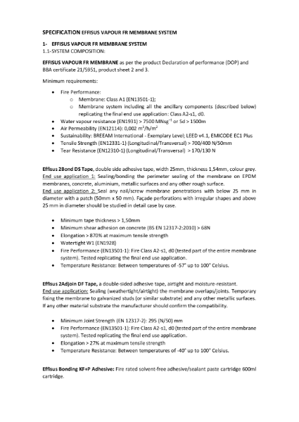 Specifications - Effisus Vapour FR Membrane System - Airtight Vapour Control Layer - AVCL