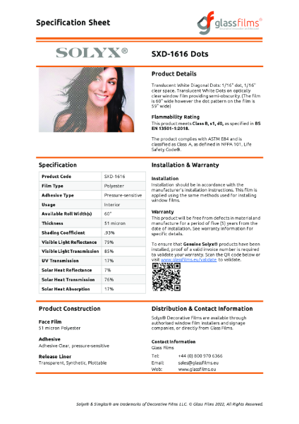 SXD-1616 Dots Specification Sheet