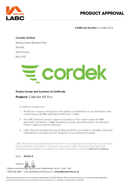 Cordek LABC Warranty Certificate - Cellcore HX Plus