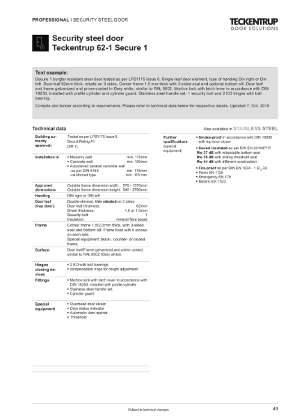 Security Steel Door LPS 1175 Issue 8 A1 (SR1) 62-1 Secure 1 (Technical Data)