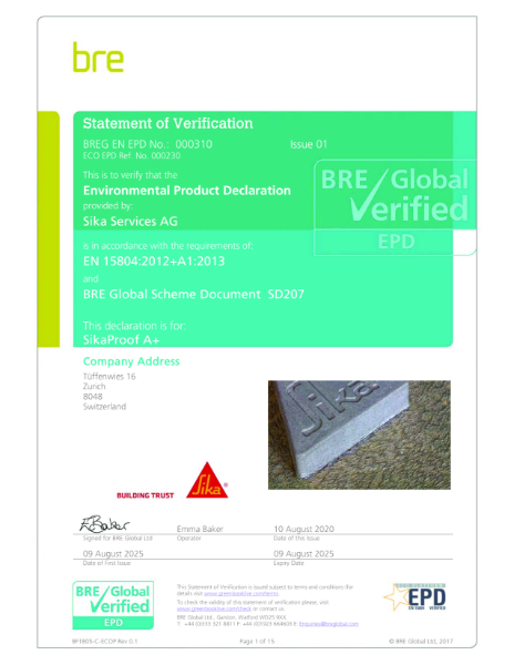 SikaProof A+08 EPD Certificate