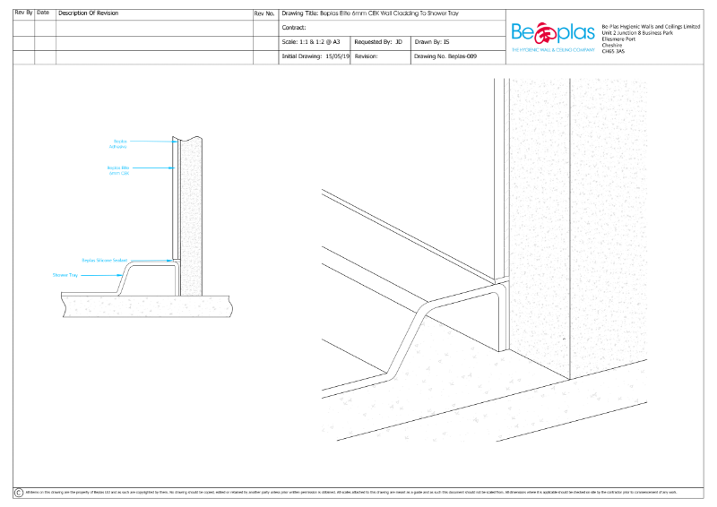 Beplas Elite CE-K Wall Cladding to shower tray detail drawing