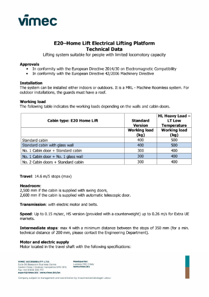 Home Lift E20 by Vimec - Data Sheet