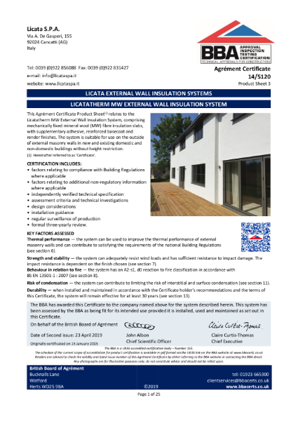 BBA Certification - LICATATHERM MW EXTERNAL WALL INSULATION SYSTEM