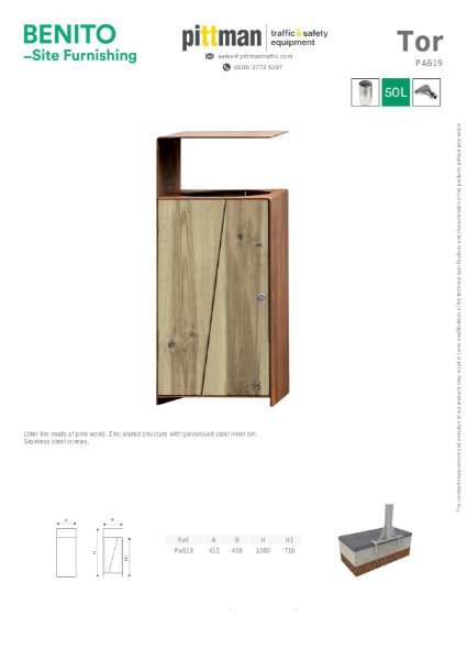 Benito Tor Wood and Corten Litter Bin Data Sheet