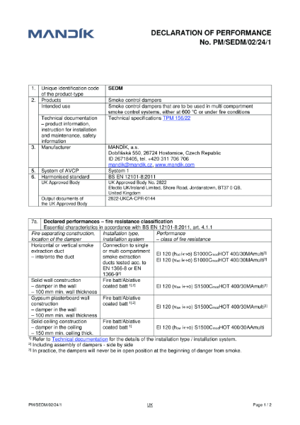 SEDM – Declaration of performance (UKCA)
