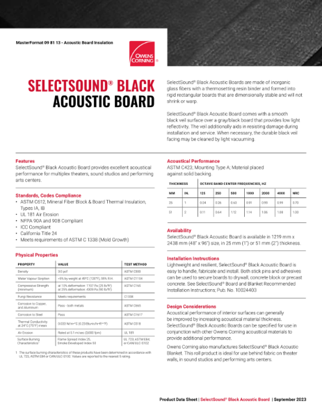 SelectSound Board Insulation Data Sheet