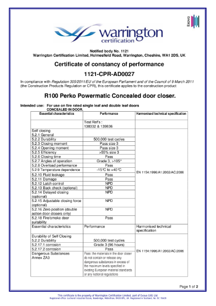 BS EN 1154 certificate - Powermatic R100 jamb-mounted concealed door closer