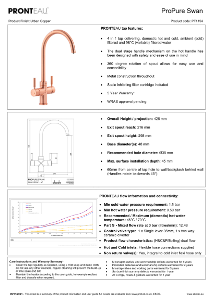 PT1154 PRONTEAU™ Propure 4 in 1 Tap (Urban Copper) - Consumer Specification