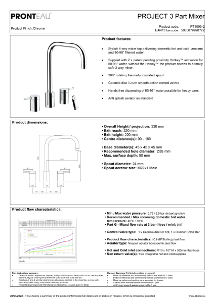 PT1009-2 Pronteau Project 3 Part (Chrome), 4 IN 1 Steaming Hot Water Tap - Consumer Spec