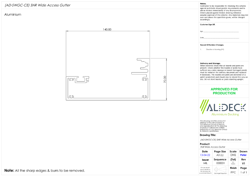 AliDeck Balcony Drainage System Senior Wide Access Gutter Drawing