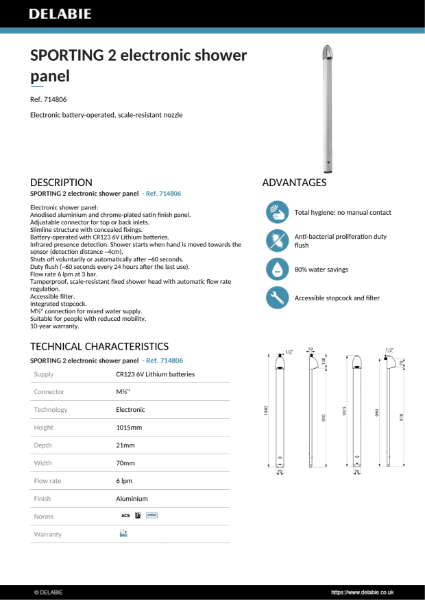 SPORTING 2 electronic shower panel Data Sheet- 714806