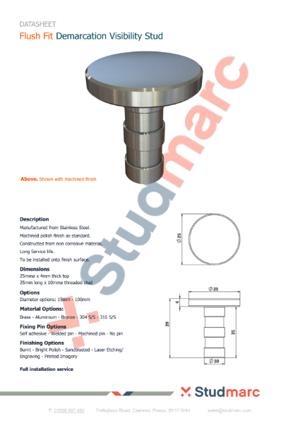 Flush Fit 25mm Demarcation Stud - Datasheet