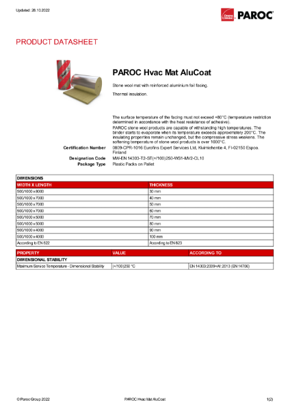 PAROC Hvac Mat AluCoat - datasheet