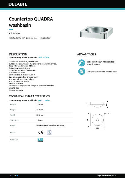 Countertop QUADRA washbasin 120650 data sheet