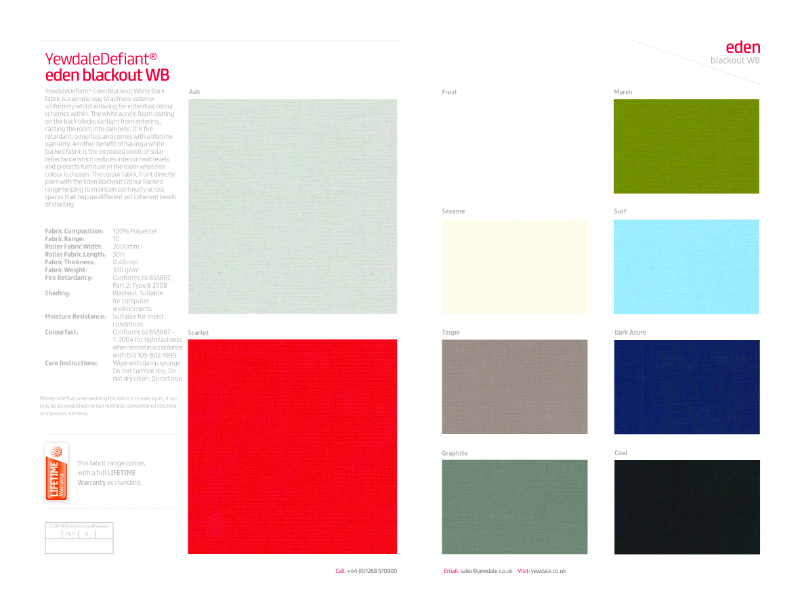YewdaleDefiant® Eden blackout white backed fabric for blind systems