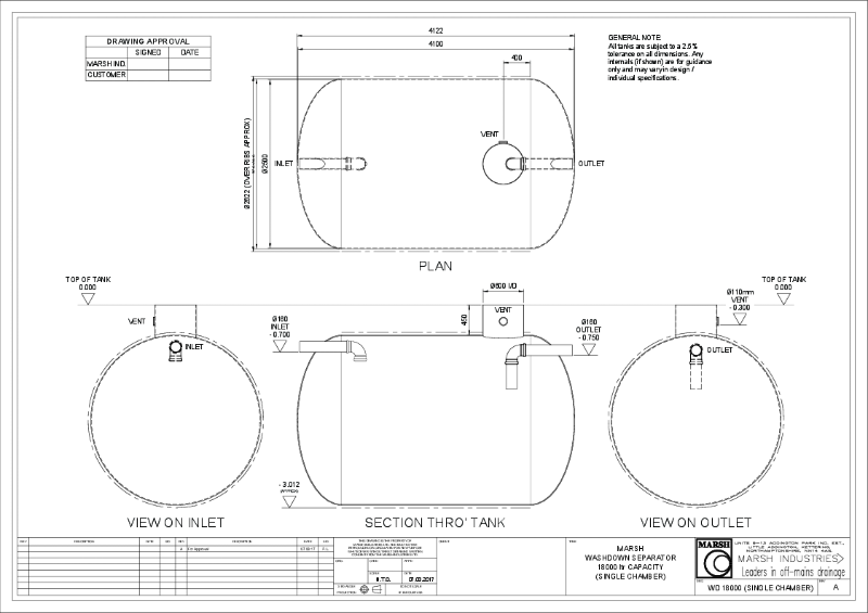 WASH DOWN - 18000L - SINGLE CHAMBER - BRIDGEWATER TANK (2.5m dia x 4.1m lg)