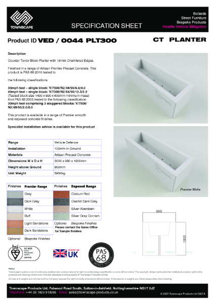 Townscape 3000x990x1000 HVM Concrete Planter Specification Sheet VED0044PLT300