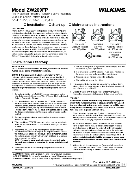 Installation Instructions - ZW209FP (1-1/4" - 6")
