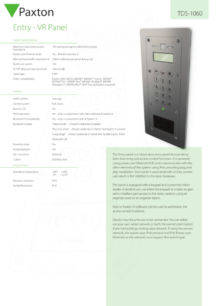 Entry, VR Panel - data sheet