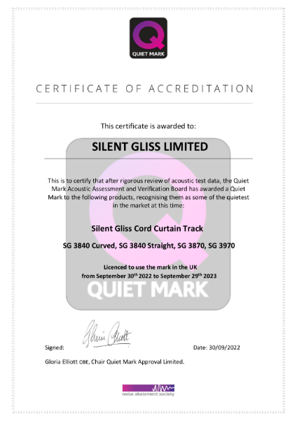 Silent Gliss Cord Track Quiet Mark Certificate 2022