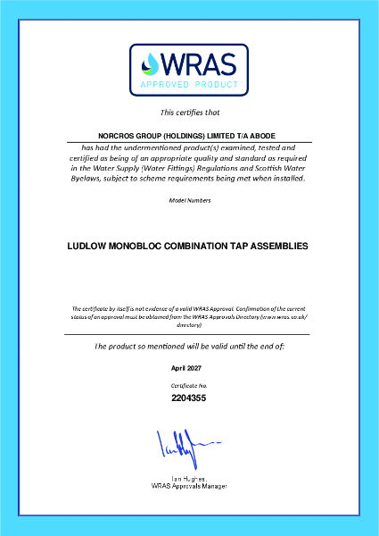 Ornate Monobloc WRAS Certificate