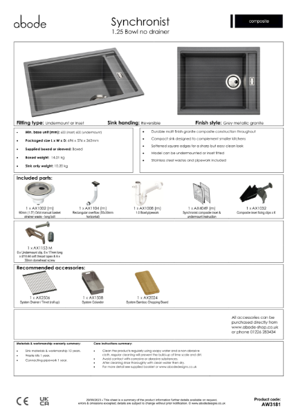 Synchronist Sink Large. 1.25 Bowl. No Drainer. Metallic Grey. Specification Sheet.