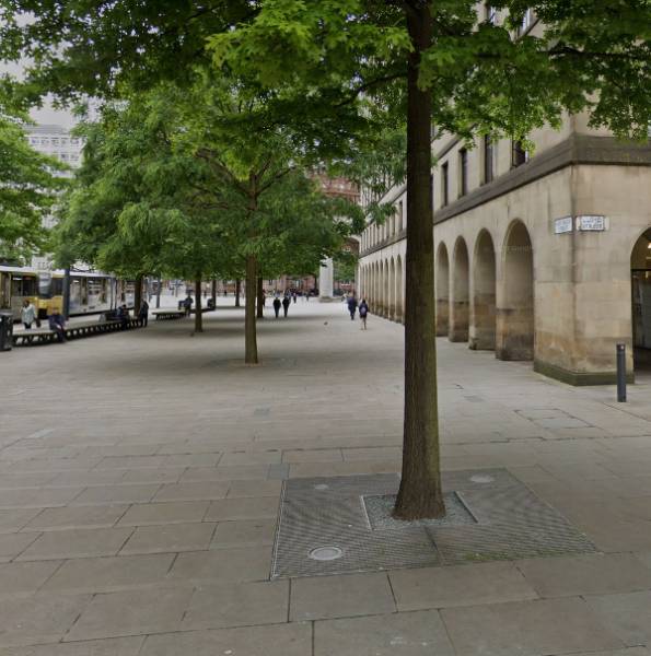 St Peter's Square, Manchester. Point Loaded Stainless Steel Tree Grilles