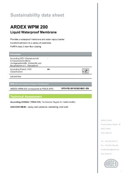 ARDEX WPM 200 Sustainability Data Sheet