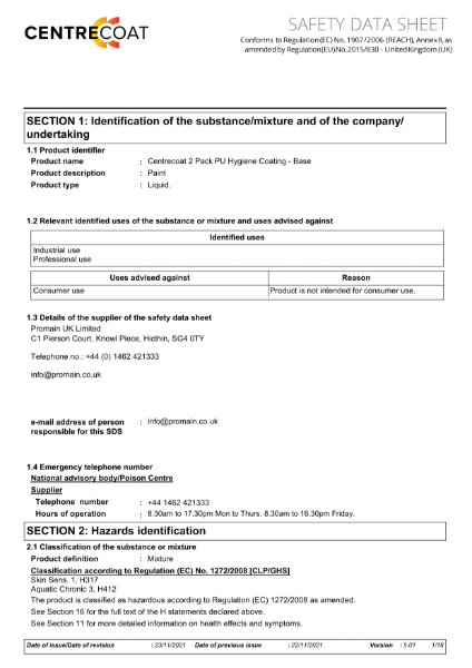 Centrecoat 2 Pack PU Hygiene Paint - Safety Data Sheet Part A