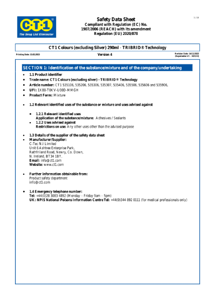 CT1 Colours (excluding Silver) MSDS (Safety Data Sheet)