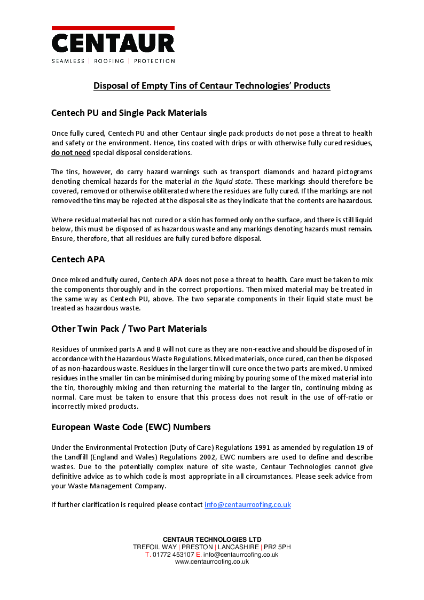 Disposal of Empty Tins of Centaur Technologies' Products