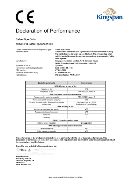 Kingspan Safire Pipe Collar Declaration of Performance