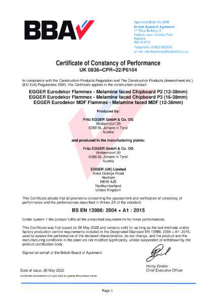 Certificate of Constancy of Performance - Eurodekor® Flammex Flame Retardant Boards