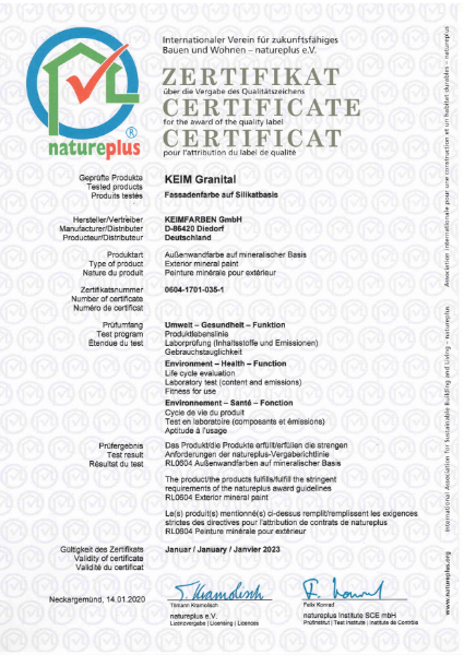 Keim Granital NaturePlus Certificate